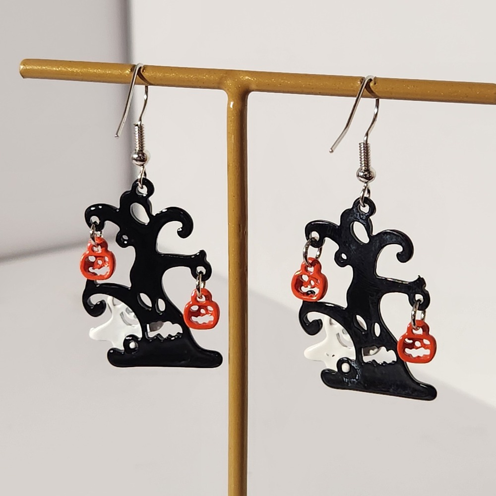 Halloween Haunted Tree Ghost Pumpkin Dangle Earrings Black Orange Spooky 2.0" - Picture 4 of 5